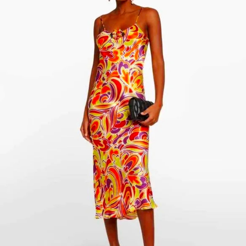Rodarte Multicolor Psychedelic Slip Midi Dress (Yellow, Orange, Pink, Purple)